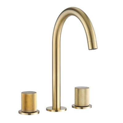 Robinet de salle de bain moderne au fini doré brossé - Entraxe de 20 cm, deux poignées, fonction mousse pour économiser l'eau et fonctionnement silencieux.