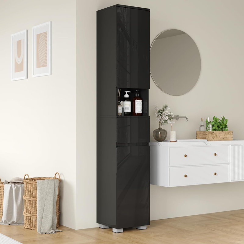 High Glossy Slim Bathroom Cabinet. Storage Cabinet With Drawer And Adjustable Shelves, Narrow Linen Cabinet For Bathroom, Laundry, And Living Room, Black