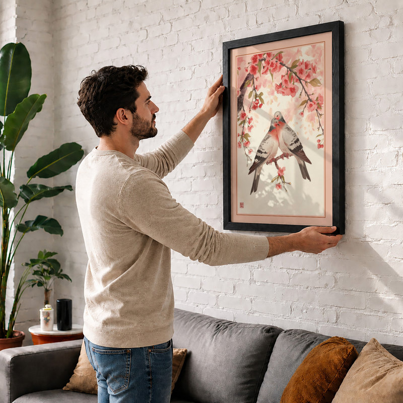 Perched in Blossom Japandi - Framed Print, A2 - 59.4 x 42.0 cm, Black