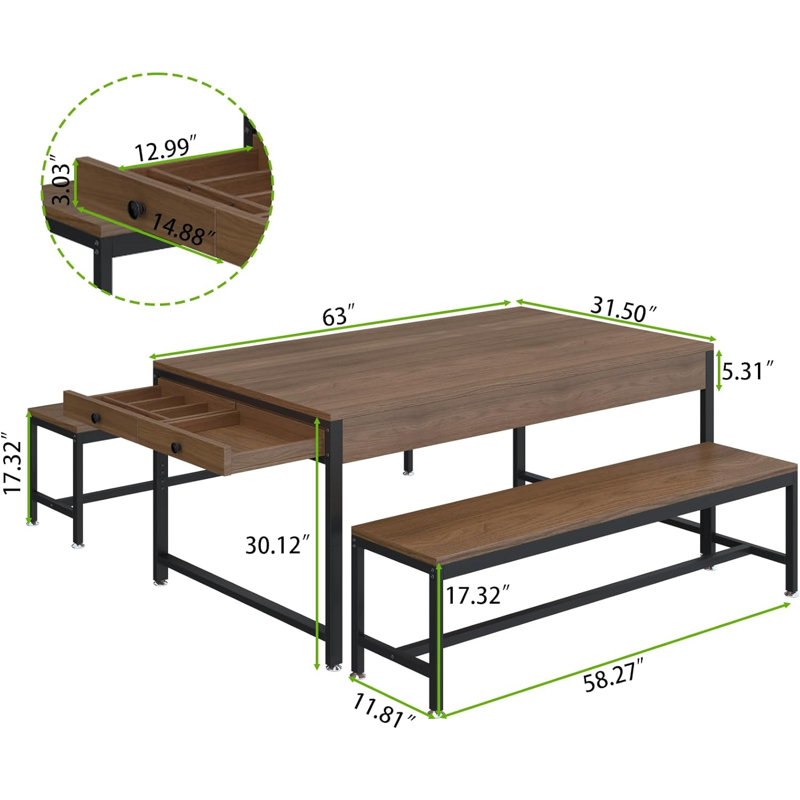 Walnut 63'' Dining Table Set with Benches and Wine Rack