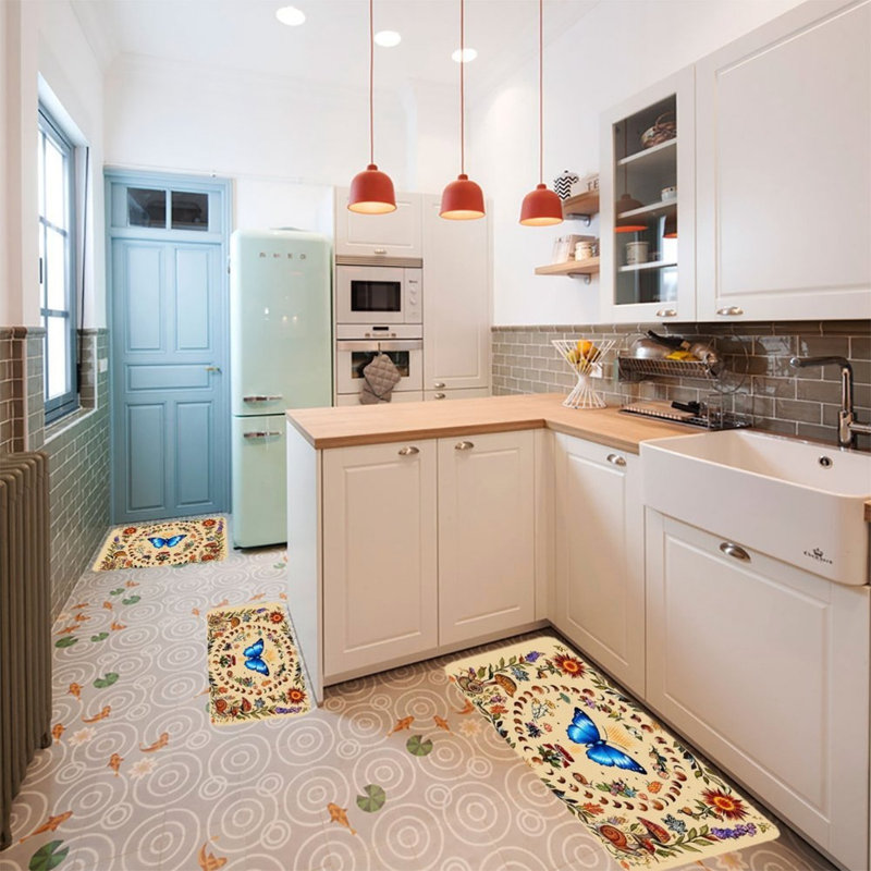 Blue Butterfly Botanical Pattern Kitchen Mat 3 Piece Kitchen Entryway