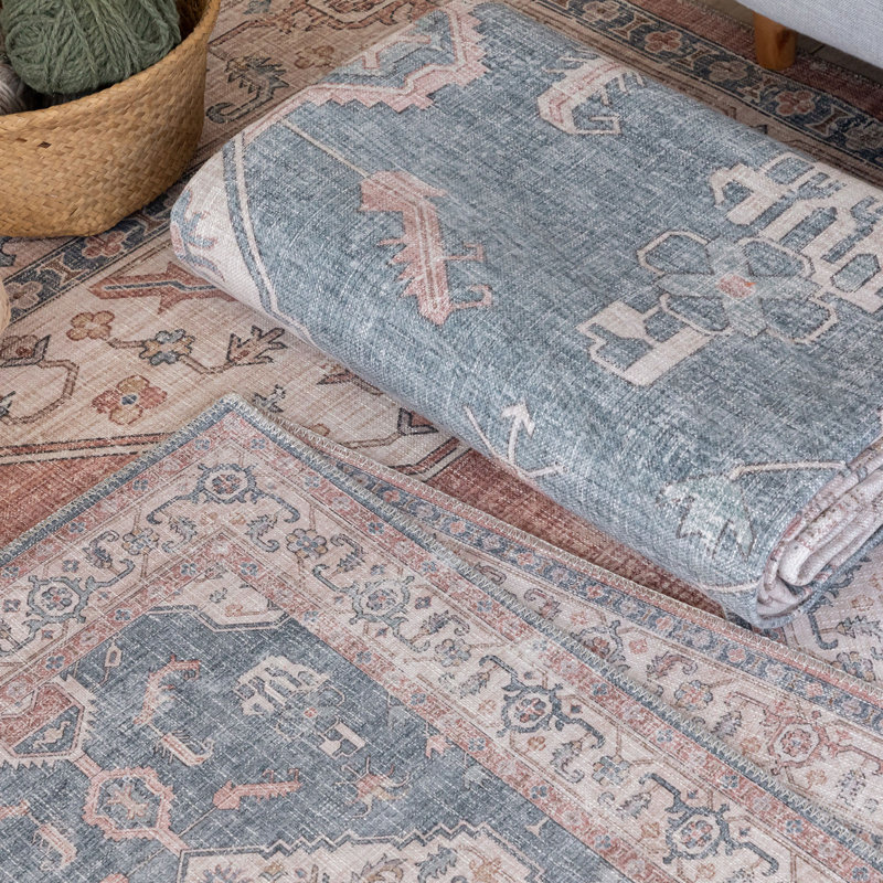 BELIDA Machine Washable Vintage Area Rugs Blue Pink Ivory, Rectangle 2'6" x 9'