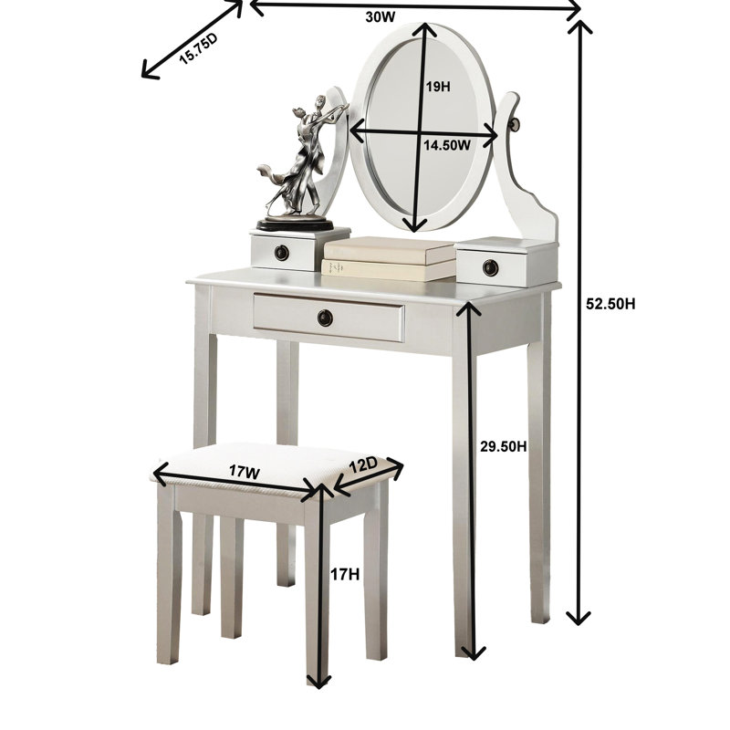 Table de coiffeuse en bois argenté avec tabouret - 3 tiroirs de rangement, miroir ovale réglable pour les routines de beauté
