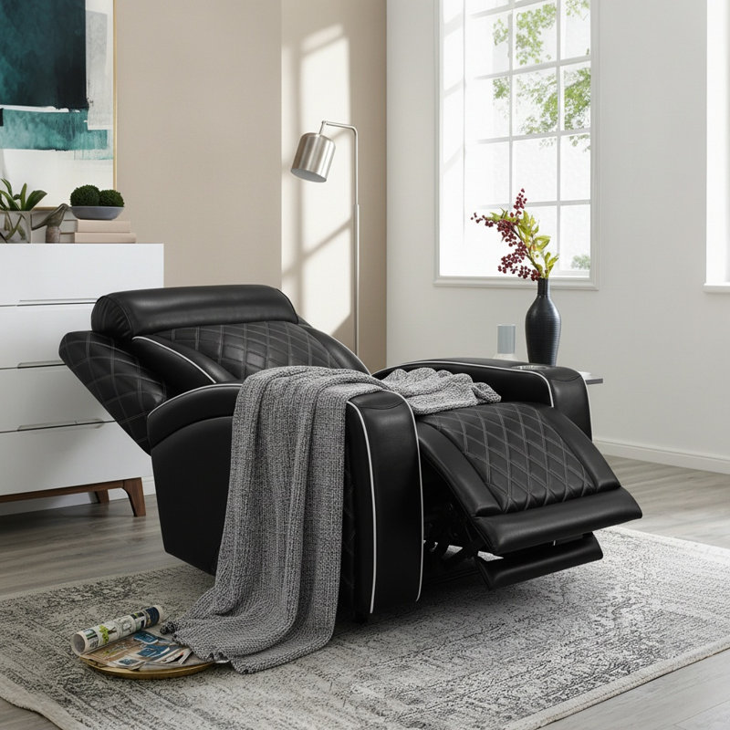 Fauteuil inclinable électrique en cuir noir respirant avec lumières DEL, charge USB et porte-gobelet - Canapé inclinable simple avec structure en bois massif et support à double ressort pour le salon et le cinéma maison