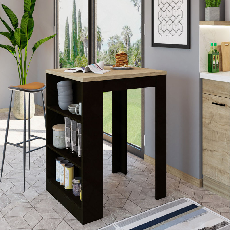 Table pour îlot de cuisine, deux pieds, trois tablettes latérales, Black