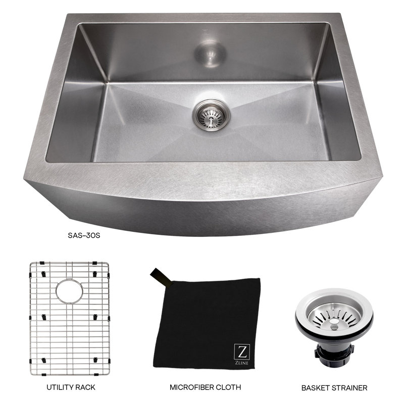 DuraSnow® ZLINE 30" Zermatt Farmhouse Apron Mount Single Bowl Fingerprint Resistant Stainless Steel Kitchen Sink with Bottom Grid
