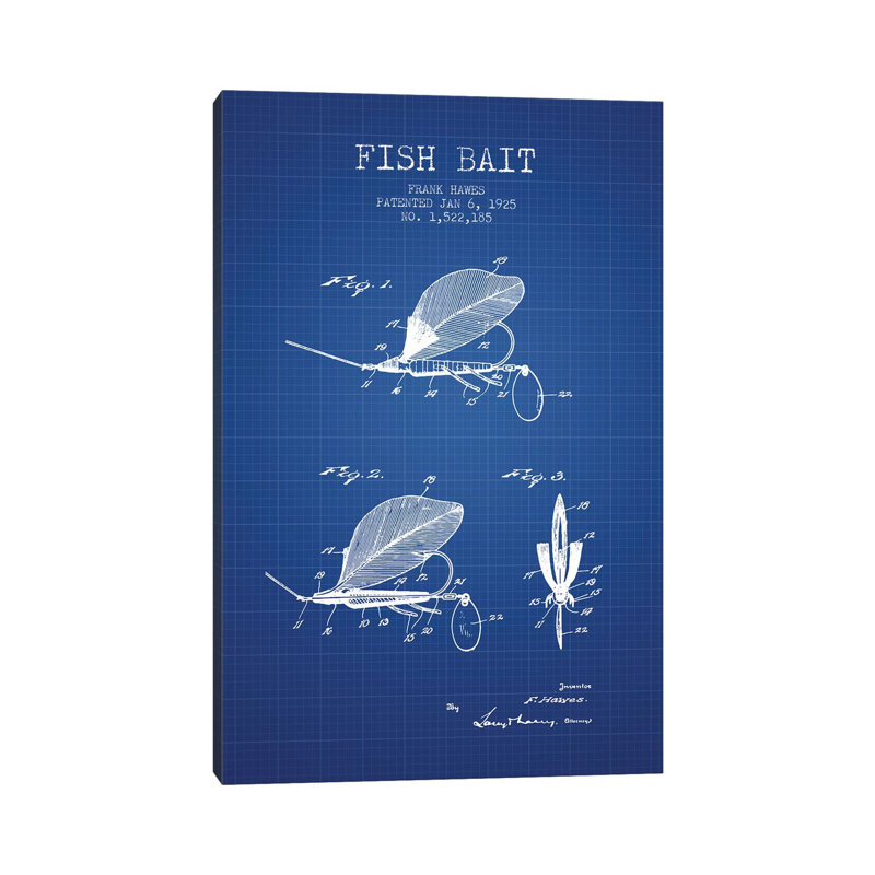 Frank Hawes Fish Bait Patent Sketch (Blue Grid) by Aged Pixel - Wrapped Canvas Gallery-Wrapped Canvas Giclée