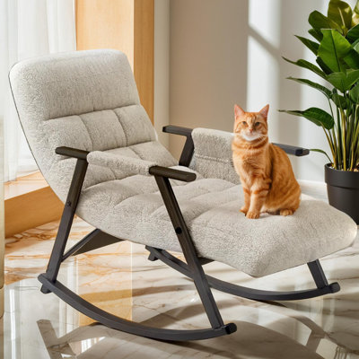 Casual folding rocking chair upholstered, lounge rocking chair adjustable high back and foot rest,side pockets placed in living room bedroom balcony