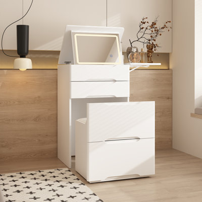 White Folding Vanity Dressing Table With Lighted Mirror & Storage Drawers