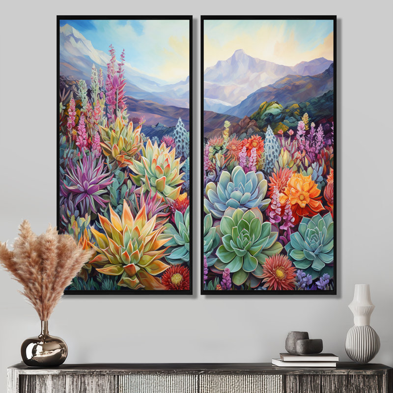 «Green Succulent Desert Charm - Succulent Wall Art Decor», ensemble de 2 impressions sur toile florales vertes, Noir