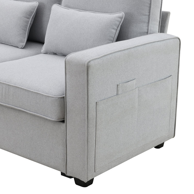 Canapé 104 po 4 places en tissu de lin moderne avec poches avec accoudoirs et 4 coussins, Gris clair