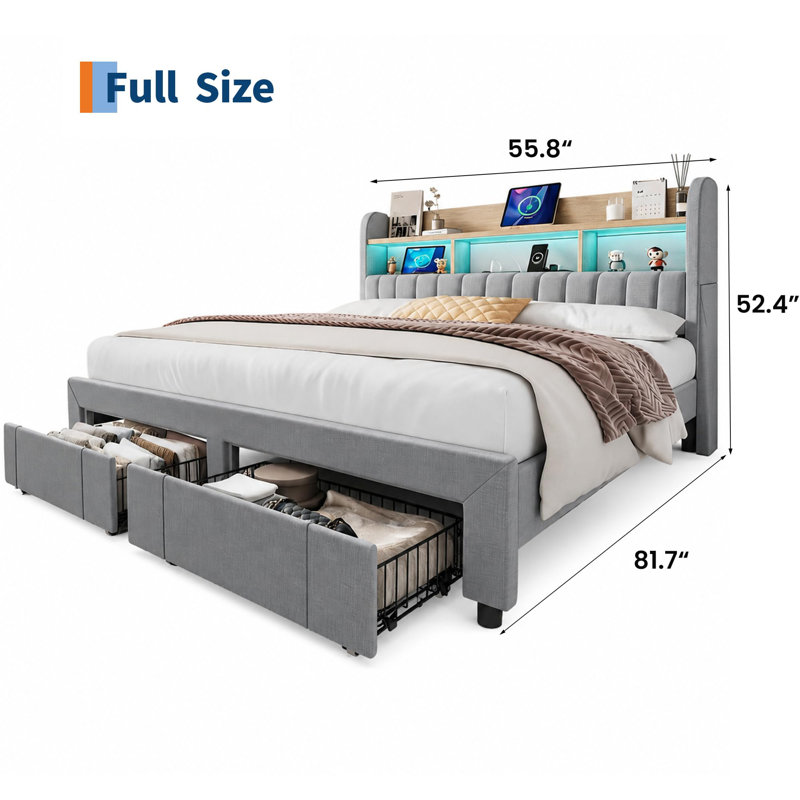 Structure de lit double pleine grandeur avec 2 tiroirs et lumières DEL, gris | Base de lit plateforme avec station de charge et tête de lit de rangement, robuste, aucun sommier requis, assemblage facile