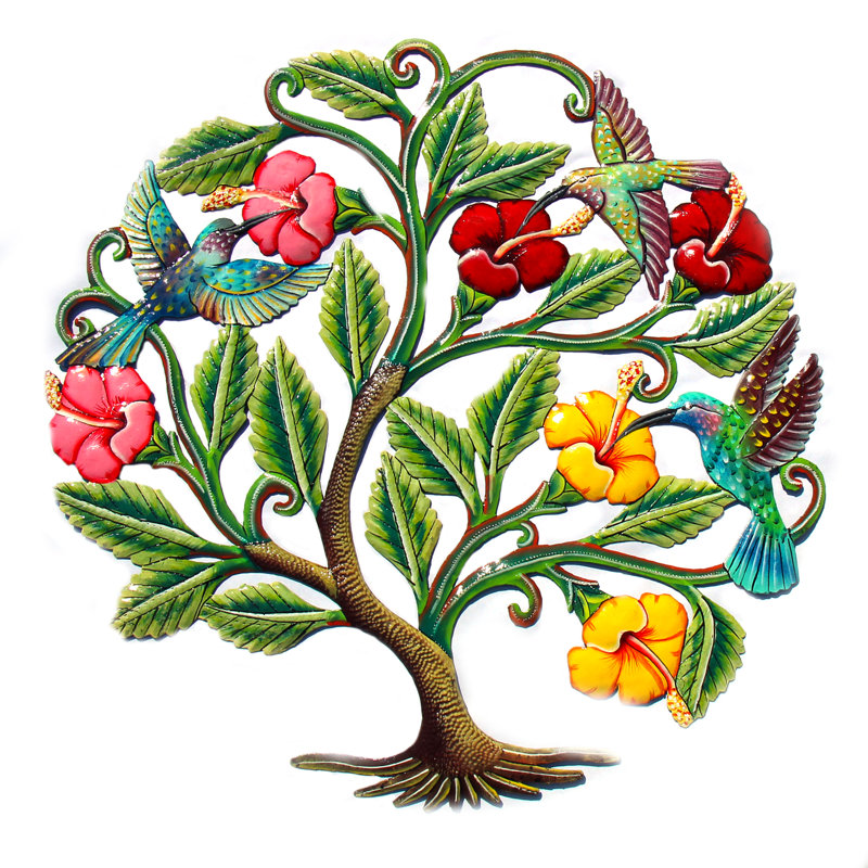 Art mural peint colibris et fleurs d'hibiscus