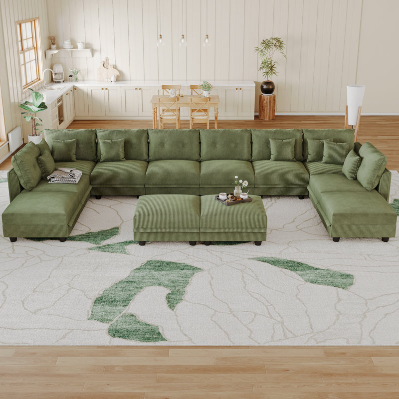 12 Seat Corduroy Convertible Modular Sectional Sofa With Storage, 8 Back Cushion 8 Throw Pillow, Green Corduroy