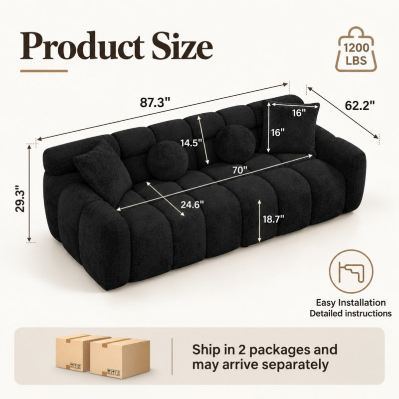 87.3" Plush Bubble Tufted Sofa for Living Room, Black Polyester