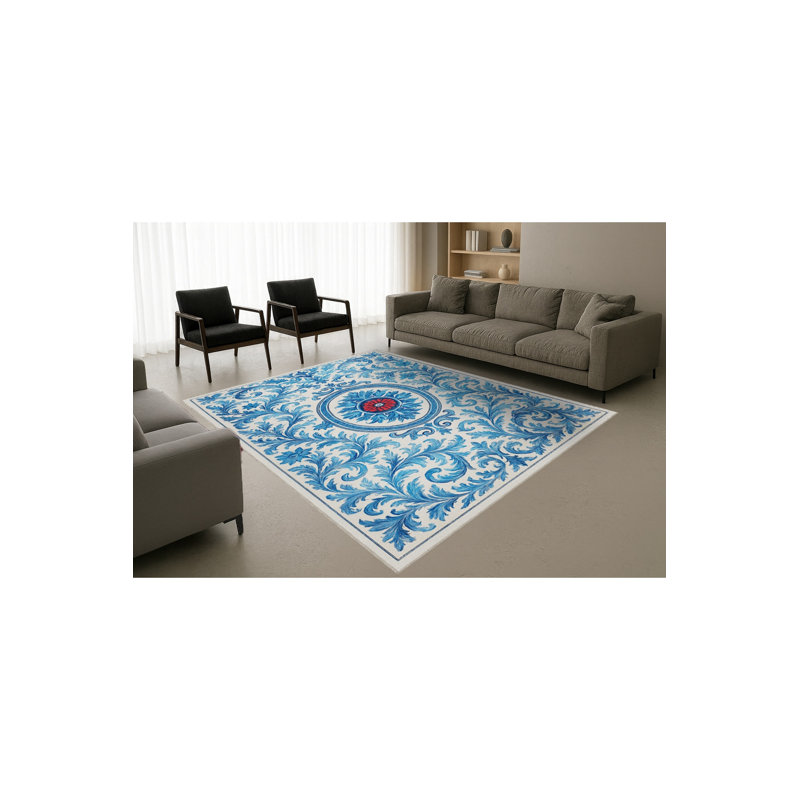 Tapis bleu tissé à motif floral lavable Mosso, 3'11" x 5'11"