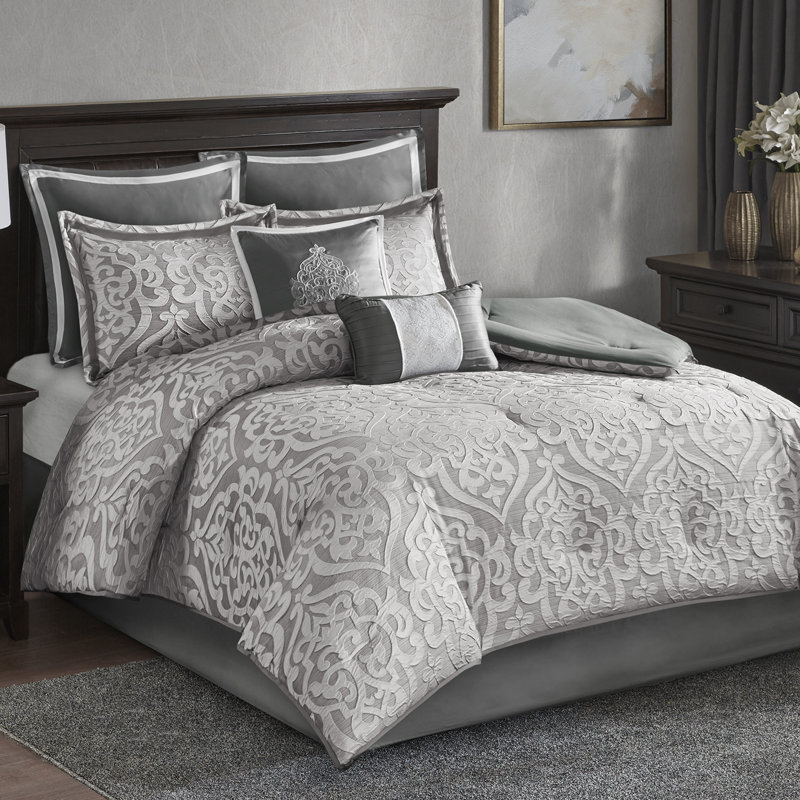 Ensemble d'édredon en jacquard de luxe 8 pièces Odette, Édredon très grand et 7 pièces supplémentaires, Argent