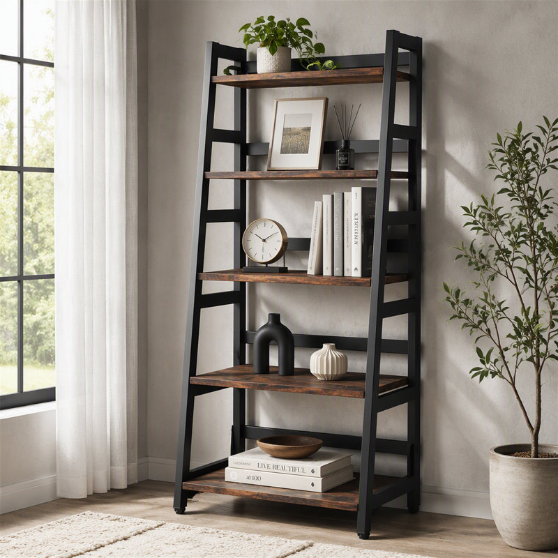 Bibliothèque à 5 niveaux, étagère de rangement échelle, Rustique