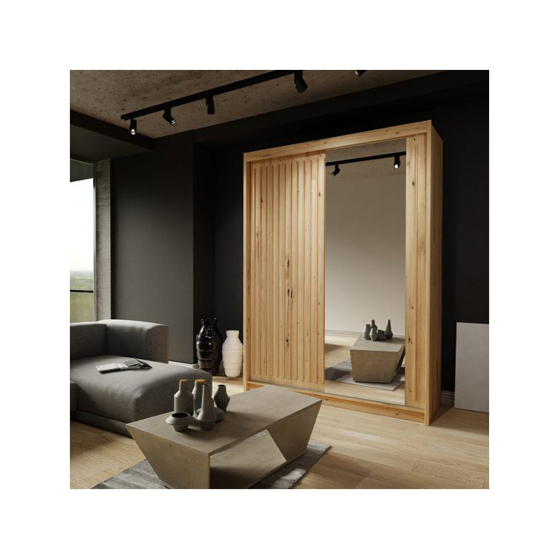 Moscow Sliding Wardrobe with Mirror Modern Bedroom Wardrobe 4 Colours 3 Sizes, 217cm H x 150cm W x 62cm D, Oak