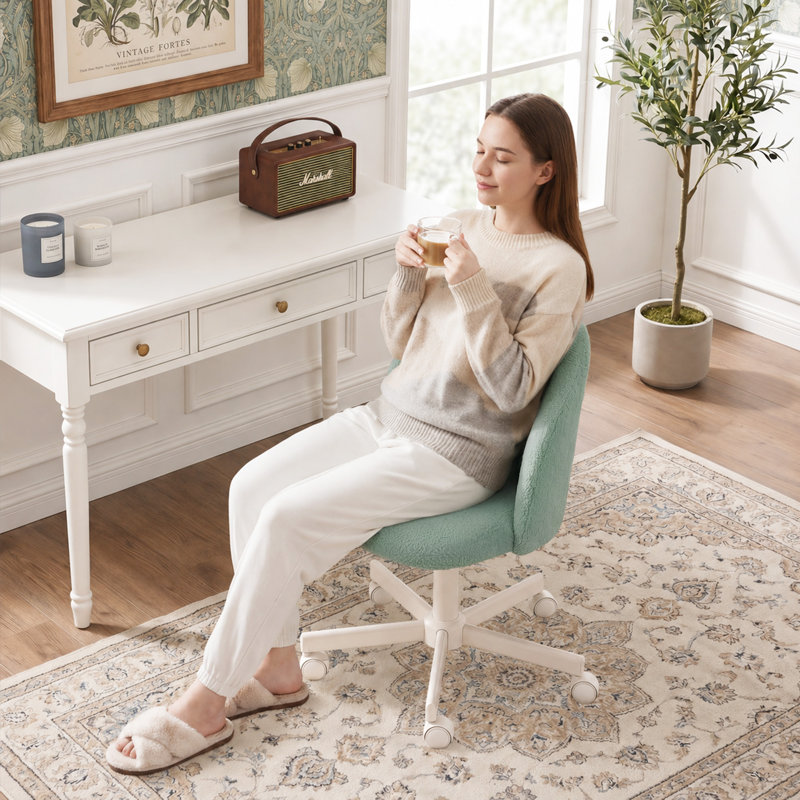 Home Chair Office Desk Chair Teddy Fleece Fabric Vanity Chair - High Backrest Compact Swivel Cute Makeup Desk Chair, Green