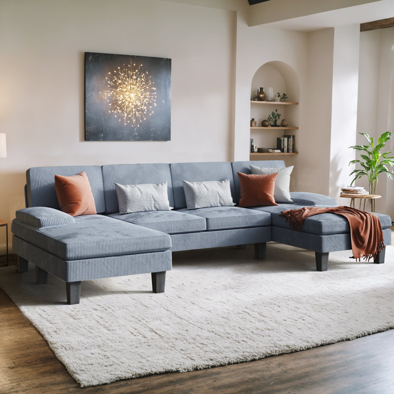 Rudhi Corduroy U-Shaped Sectional, Gray Corduroy
