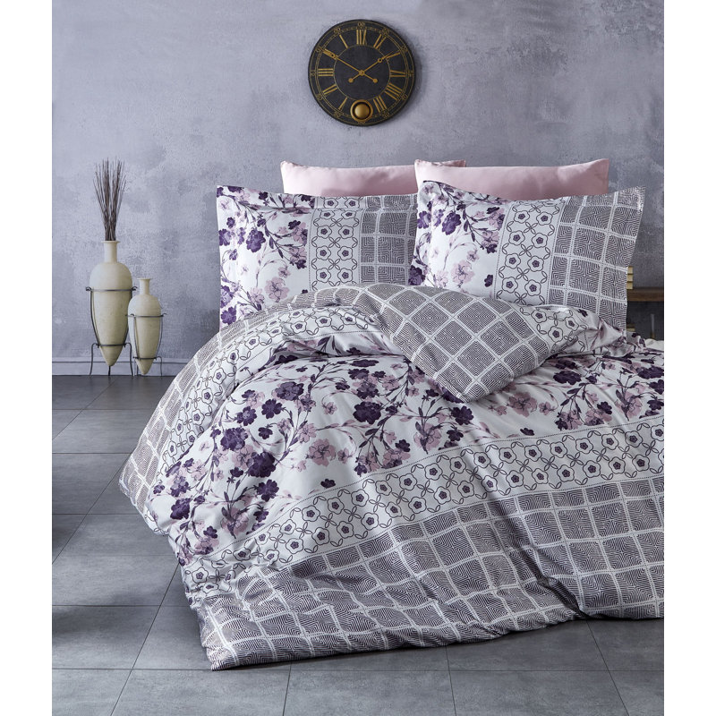 Ensemble de housse de couette 100% coton Maebel, Blanc poudre / gris / mauve