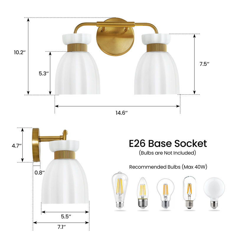 2-Light Dimmable Vanity Light with Glass Shades, Brushed Gold