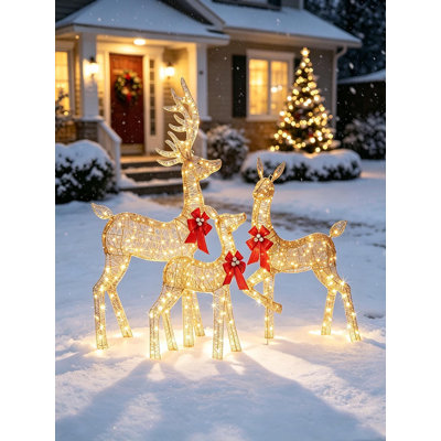 Ensemble de 3 pièces de famille de cerfs de Noël illuminés, décoration de vacances extérieure scintillante dorée, imperméable