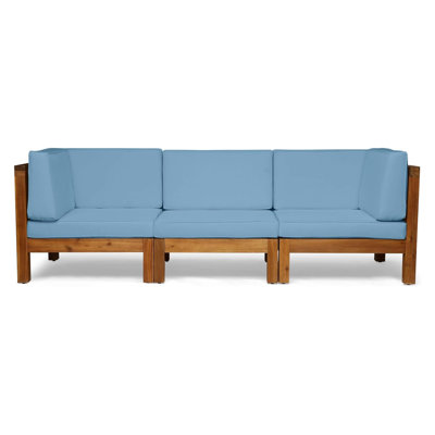 Ensemble de canapés d'extérieur 3 pièces en bleu - Structure en bois d'acacia avec coussins pour terrasses et balcons