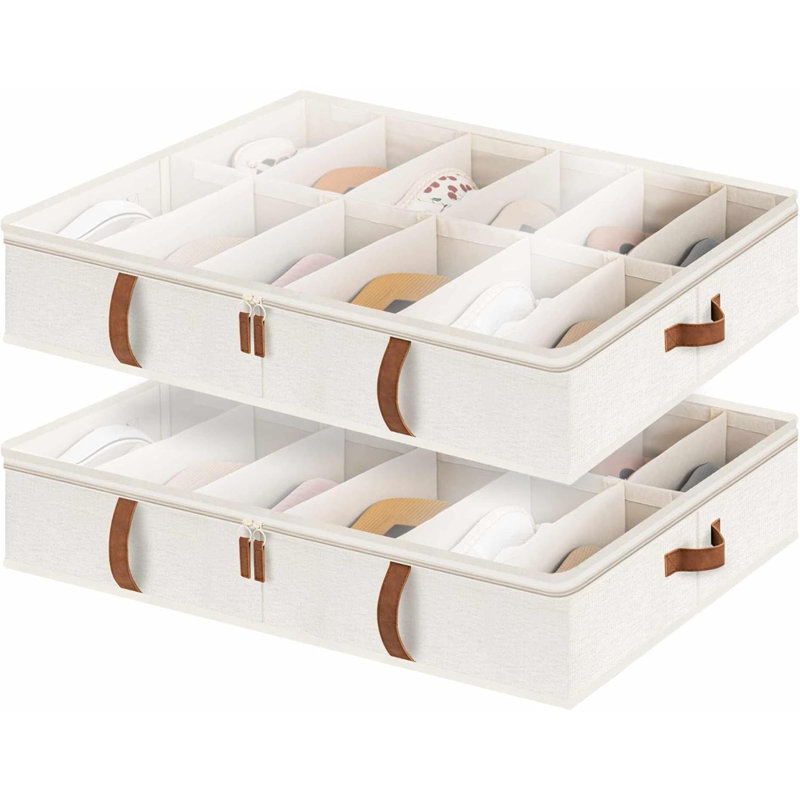 Under Bed Shoe Storage Organizer, Underbed Shoes Container With Adjustable Dividers, Shoe Storage Basket With Cover, 2-Pack, Space-Saving Shoe Box Fits Up To 24 Pairs