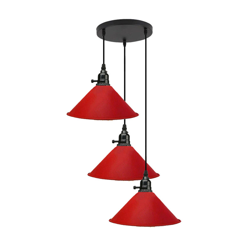 3-Light Cone Pendant Light – Industrial Kitchen Island Ceiling Fixture with Adjustable Height & E27 Bulbs, No, Red