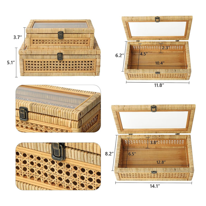 Natural Rattan and Cane Stackable Boxes with Glass Lids