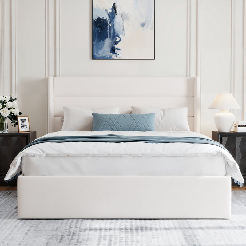 Upholstered Platform Bed Frame with Lift-Up Storage, White, Queen