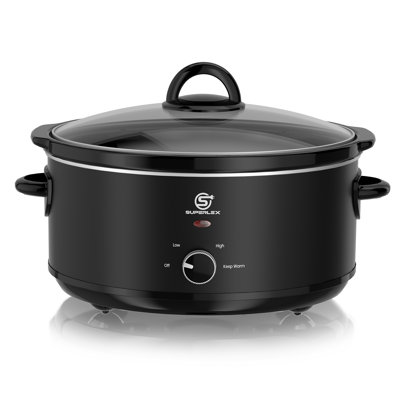 SUPERLEX Slow Cooker, 6.5L Oval Crock Pot, 3‑Heating Settings, Stainless Steel, Removable Ceramic Inner Pot, Tempered Glass Lid, Cool‑Touch Handles & Non‑Slip Feet