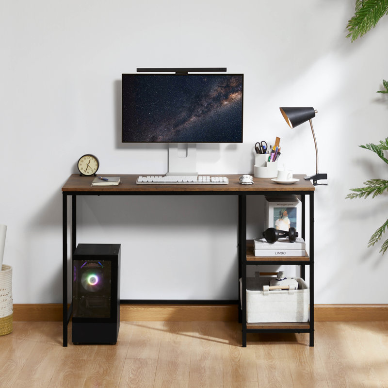 Sylvie Industrial Style Computer Desk With Storage Shelves and Metal Legs Home Office Workstation, Brown