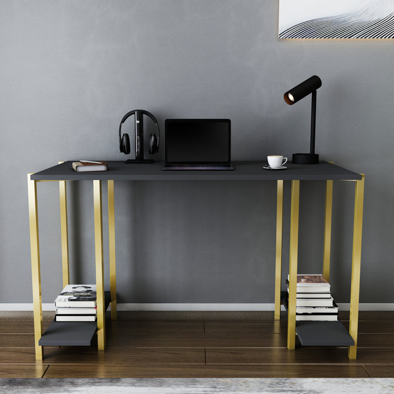 Academy Desk Metal Base Writing Desk, Black/Gold