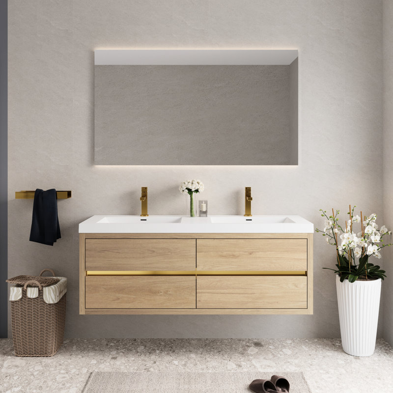 Armoire de rangement flottante pour salle de bain avec double lavabo mural de 60 po, comptoir en résine de pierre, tiroirs à fermeture en douceur, meuble-lavabo en chêne naturel entièrement assemblé