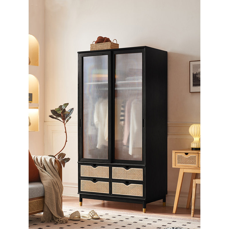 Garde-robe tissé en bois massif de style simple, Noir mat