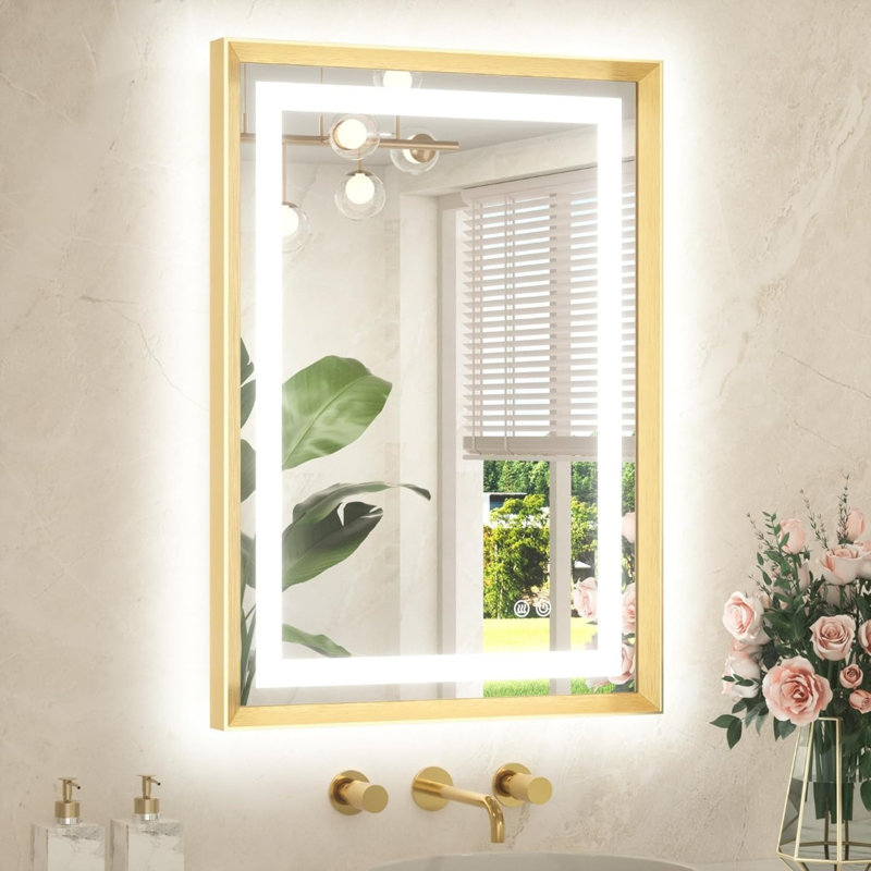 Miroir de salle de bain 22 po x 30 po à DEL en nickel brossé brillant avec cadre en métal brossé et rétro-éclairé, miroir de salle de bain anti-buée, réglable en continu, 3 couleurs, blanc / chaud / naturel, avec lumières, fixation murale