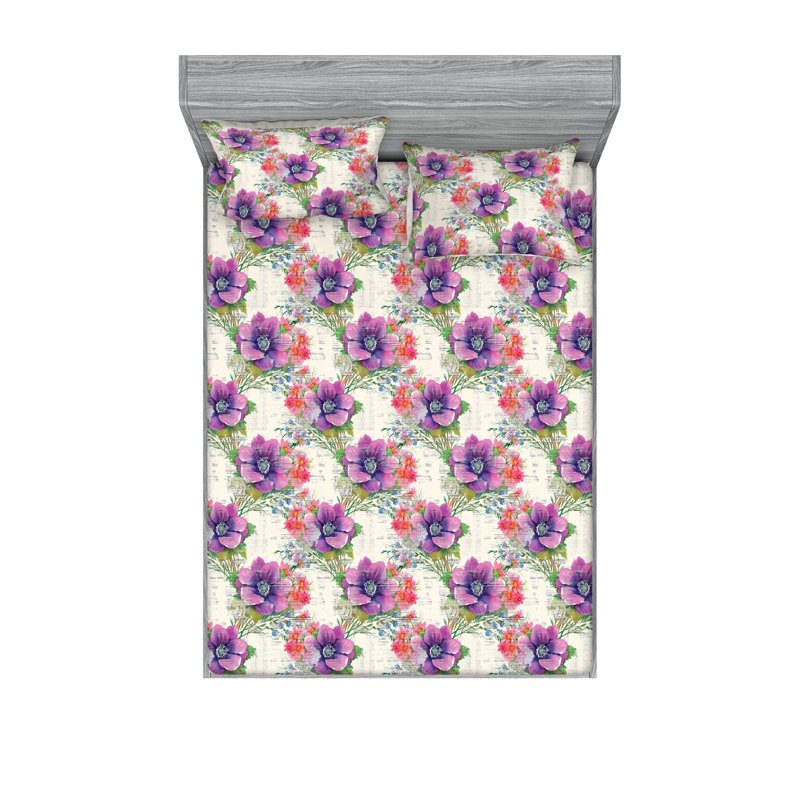Ambesonne Fitted Sheet & Shams, Pale Purple Flower, King Sheet Set with 2 Pillowcases