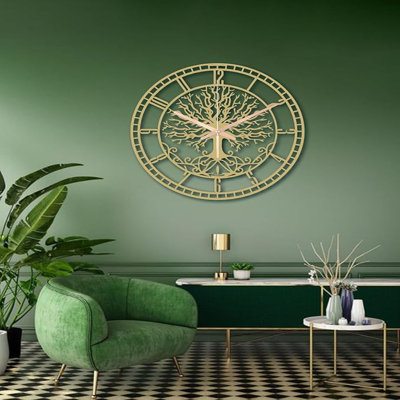 Tree Of Life Round Metal Large Wall Clock Silent Non-Ticking Decorative Clocks Battery Operated Quartz Quiet Clocks For Home (Brass, 19.6" Inches (50 Cm))