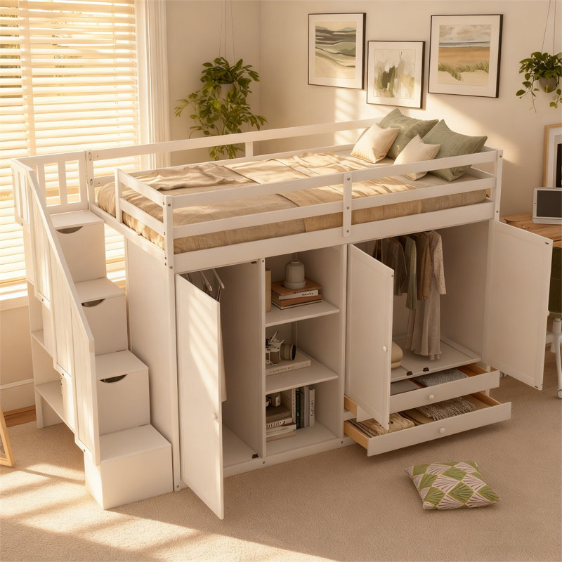 Solid Wood Loft Bed with Premium Built-In Storage & Multi-Function Design, White