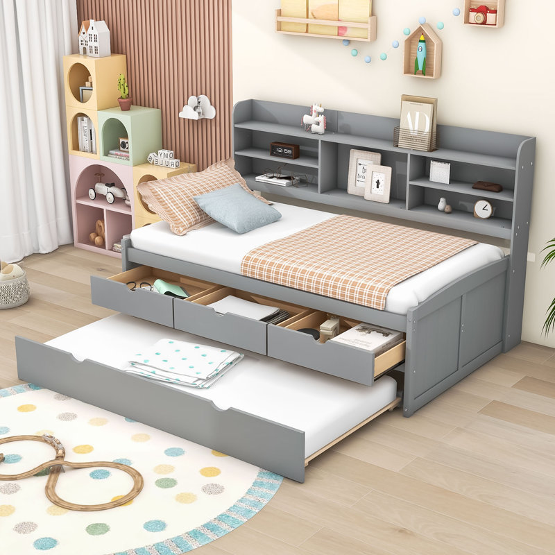 Twin Wood Captain Bed with Trundle, 3 Drawers and Built-in Shelves, Light Gray