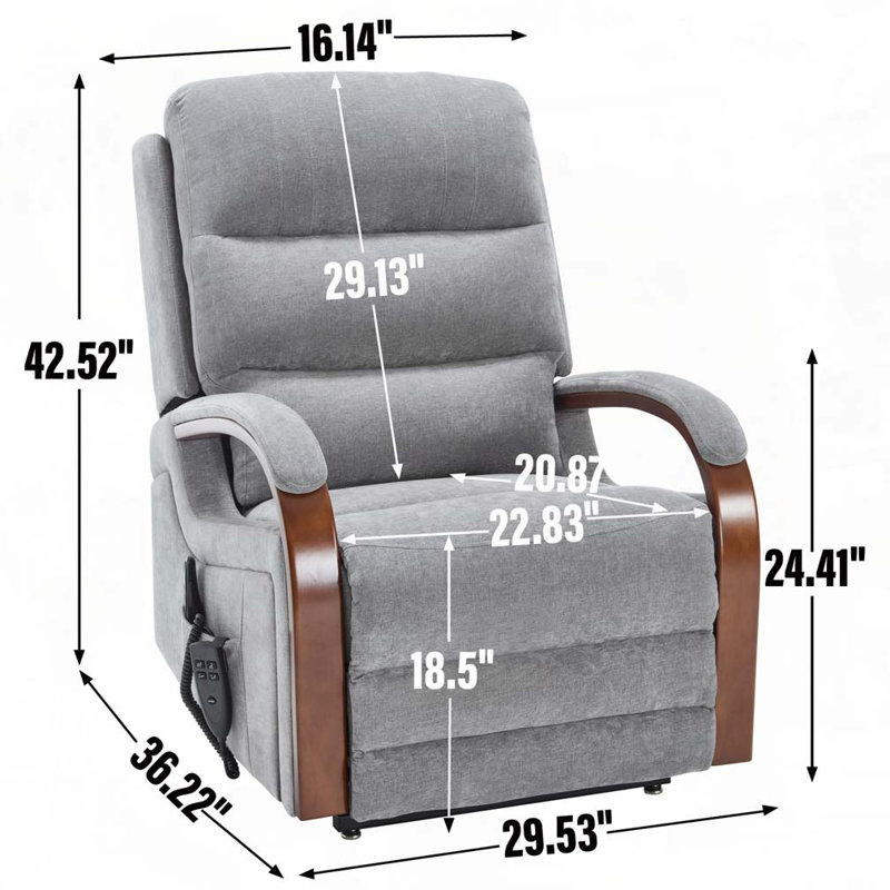 Fauteuil inclinable Power Lift avec accoudoirs en bois massif, massage thermique et mécanisme de mouvement robuste, Gris