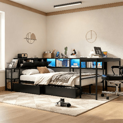 Cadre de lit d'angle, cadre de lit plateforme moderne en métal avec bibliothèque et 2 tiroirs de rangement sous le lit, lit moderne avec lumière DEL et station de charge, lit plateforme pour dortoir