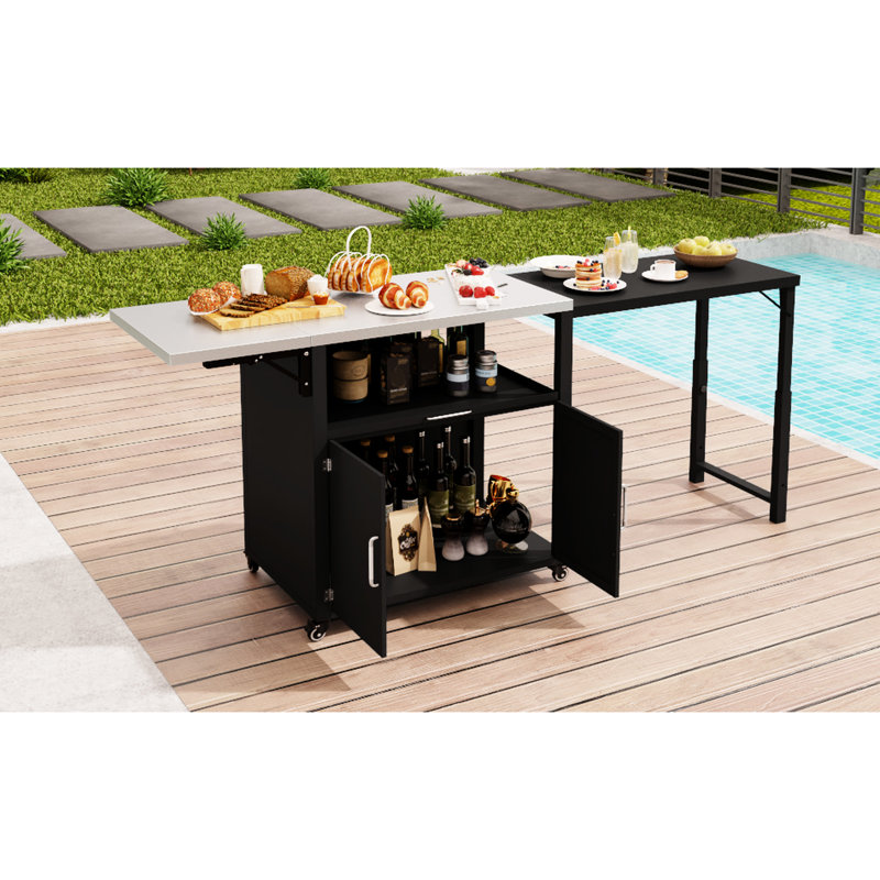 Armoire extérieure pliante et extensible: rangement spacieux, poignées en acier inoxydable, plan de travail noir mat, finition