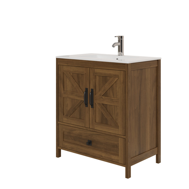 Bathroom Vanity With Ceramic Sink, Wood Vanity With Hidden Storage Space, Bathroom Sink And Cabinet Combo Set, 30", Brown