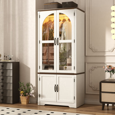 Tall Farmhouse Armoire With Led Lighting, 72" Freestanding Arched Wardrobe Cabinet With Glass Doors, Wooden Clothing Storage Closet For Bedroom