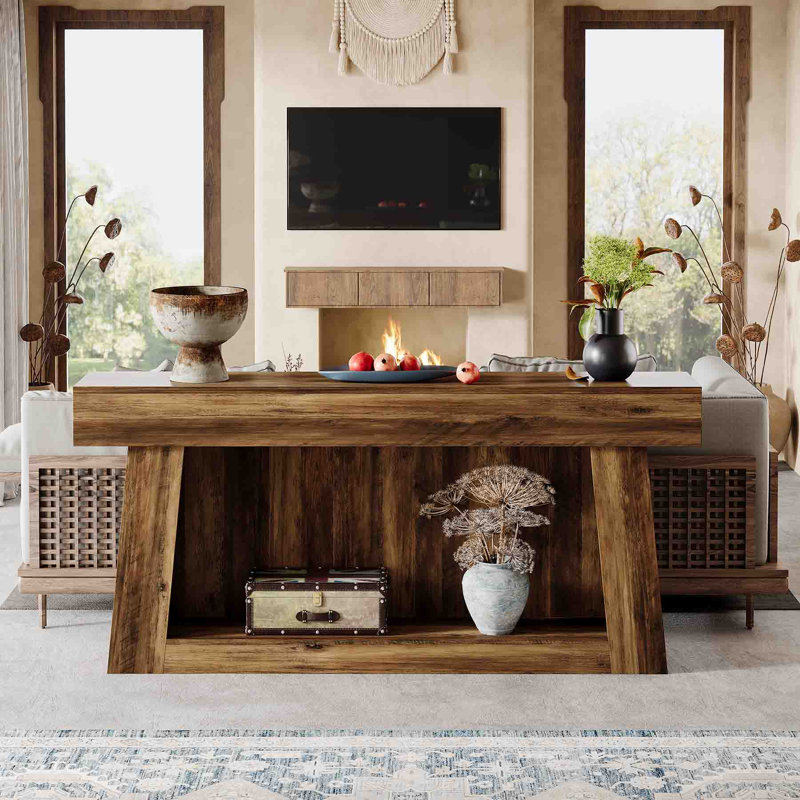 63-Inch Rustic Brown Wooden Console Table with Storage