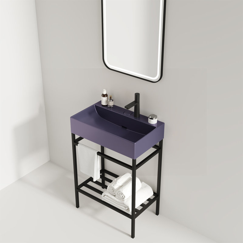 24" Bathroom Vanity With Ceramic Basin, Freestanding Bathroom Console Sink Set, Glossy Purple Rectangular Ceramic Basin Without Faucet, Open Metal Leg, Storage Shelves